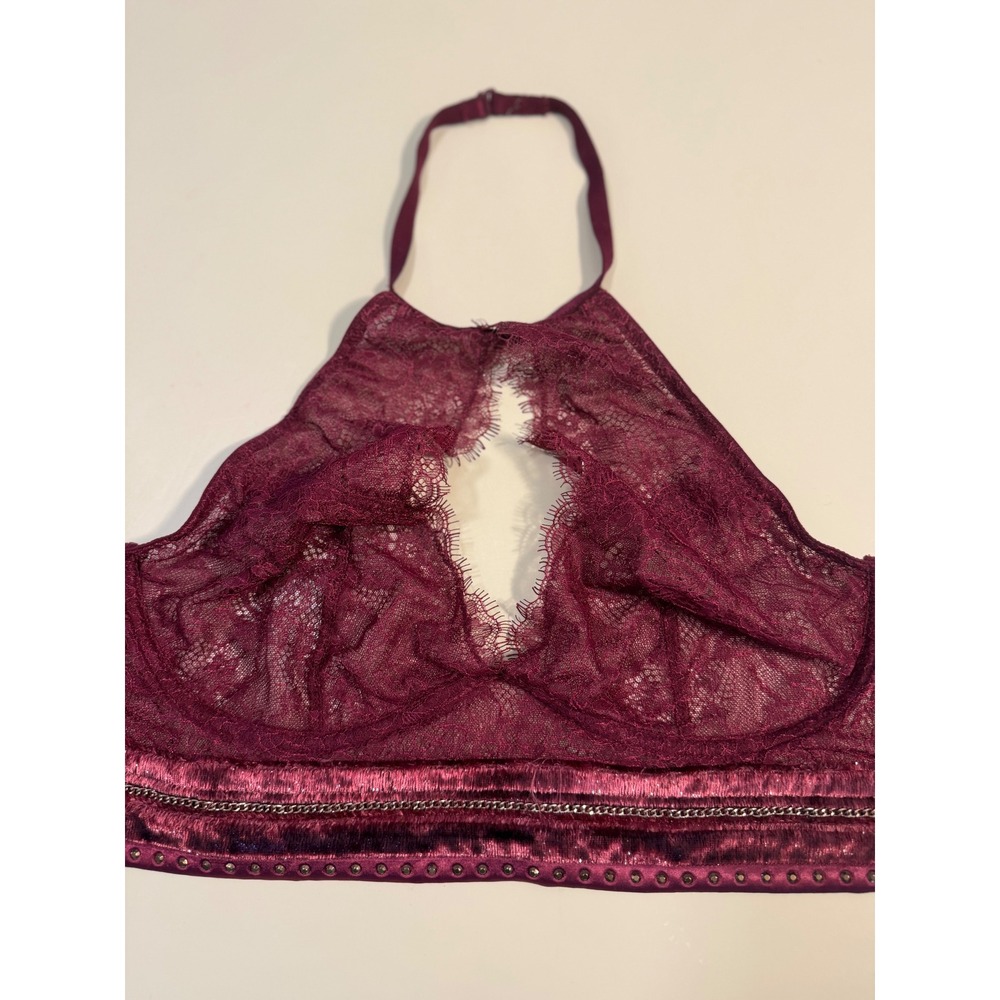 Victorias Secret Burgundy Lace Halter Bralette Velvet Chain Rhinestone Large